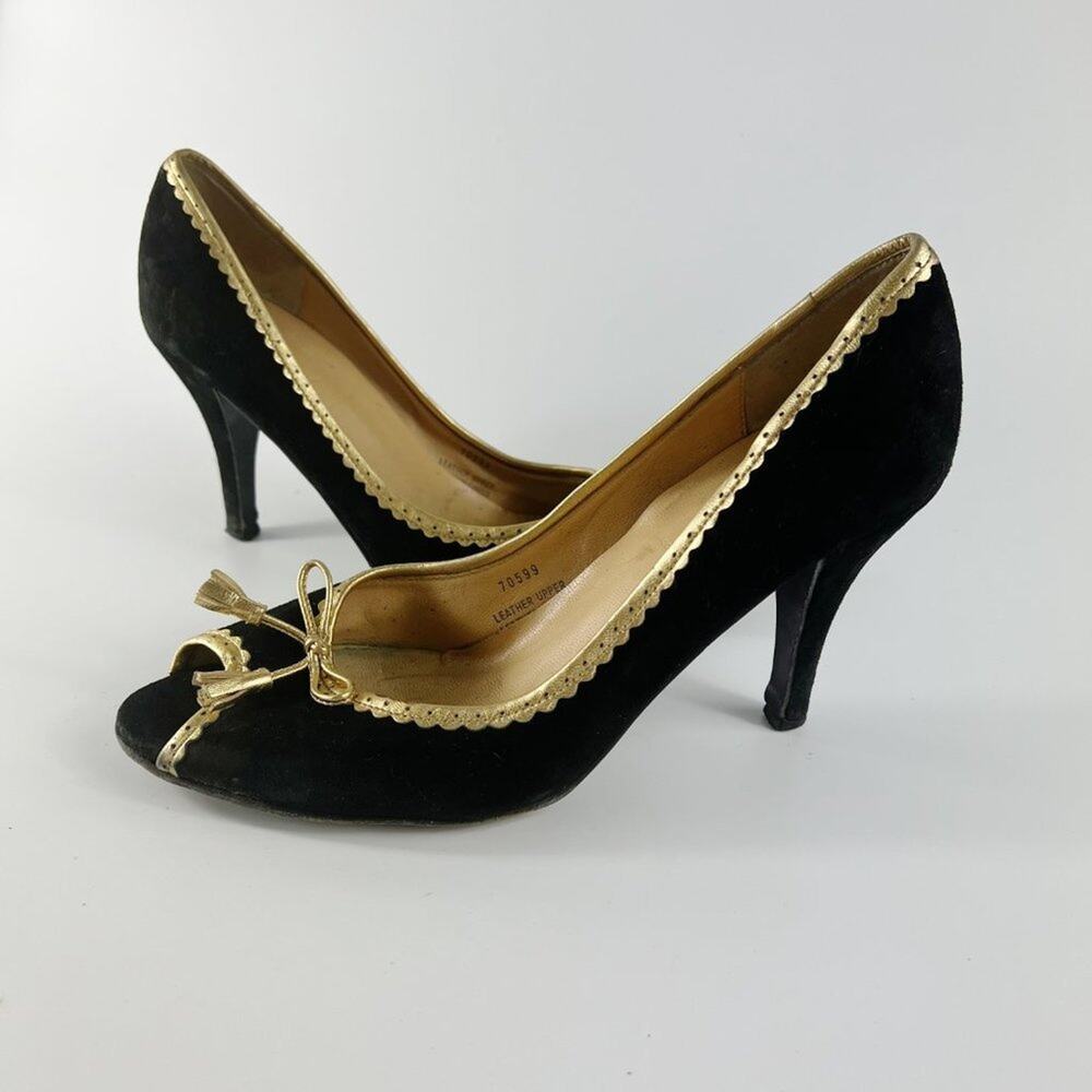 J. Crew Vintage Isabella Black Suede Gold Trim Peep Toe Heels Shoes Women 8.5